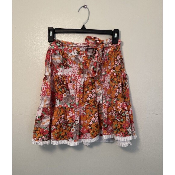 Vintage Apple Bottom Floral Mini Skirt Y2K Boho Ruffle Hem Tie Waist- Small - Picture 2 of 10